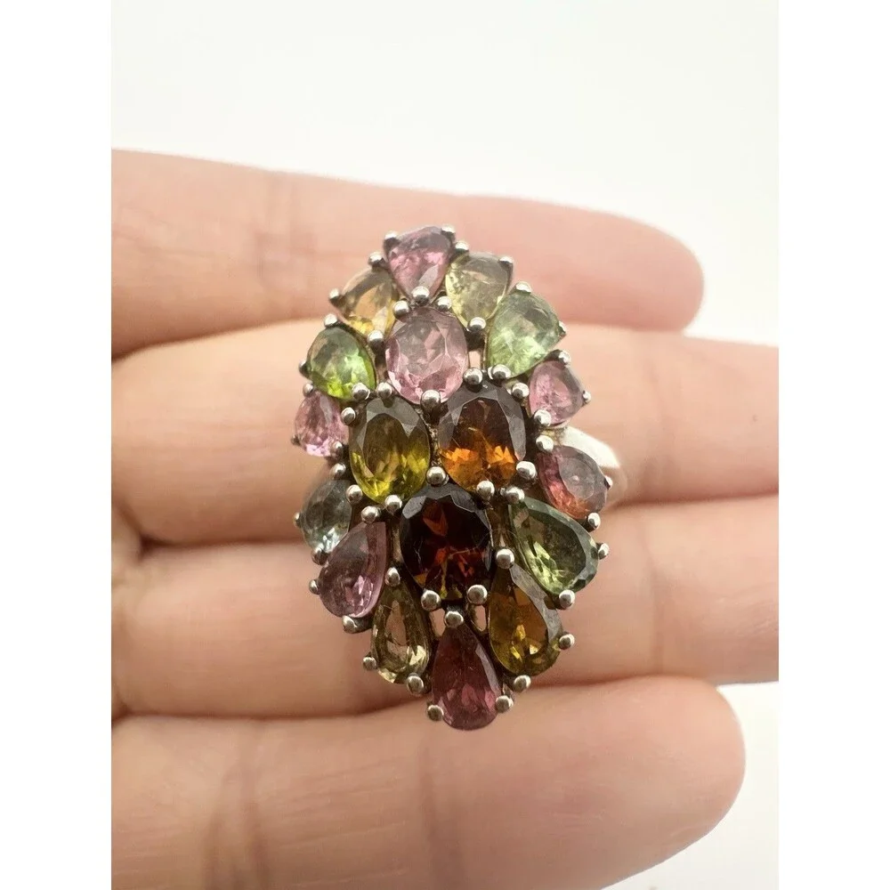 Platinum Sterling Silver Tourmaline Cluster Multicolor 3.75 Ctw Djoy Size 5 Ring